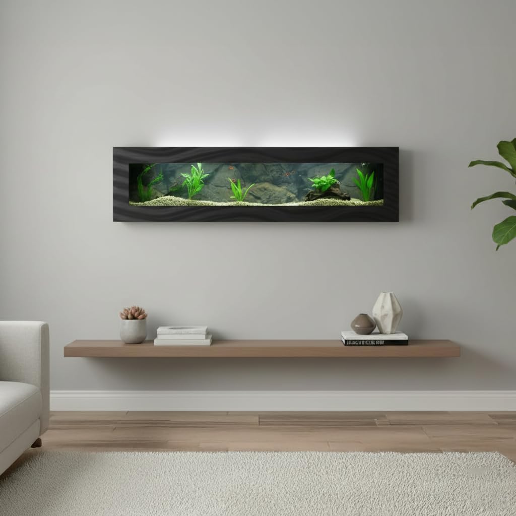 Aussie Aquariums 3.0 Wall Mounted Fish Tank Kit with LED Lighting, Built-in Filter System, Modern Space-Saving Design, Complete Accessories Set (Panoramic, Black)