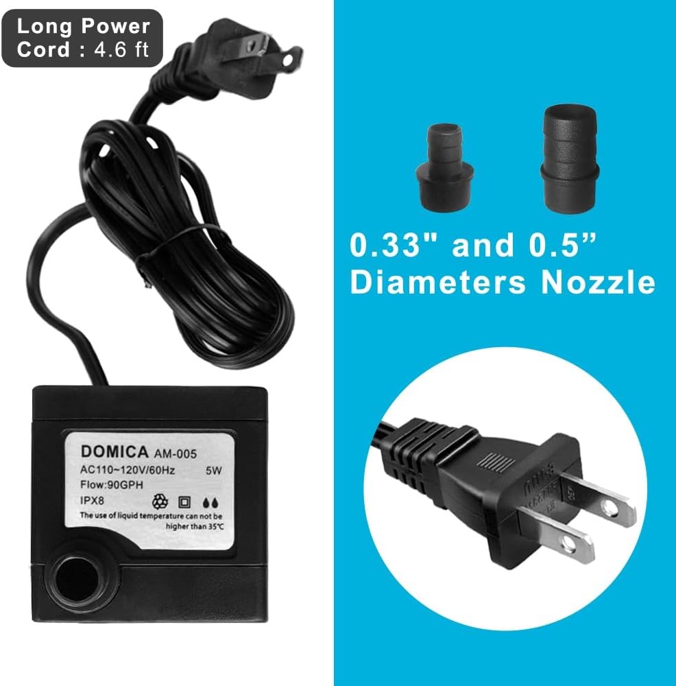 90 GPH Mini Submersible Pump, Small Fountain Pump (5W 350L/H) for water feature, Aquariums, Fish Tank, Tabletop Fountain, Pet Fountain, Indoor or Outdoor Pond Fountain