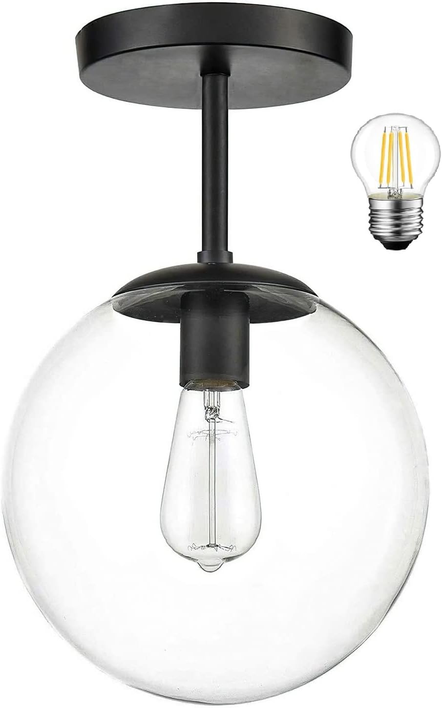 KoKo&Yukina Mid Century Modern Globe Semi Flush Mount Ceiling Light Fixture Clear Glass with Finish Black Globe Ceiling Light for Aisle Porch Stairway Closet Kitchen Laundry Room(Bulb Incl.)