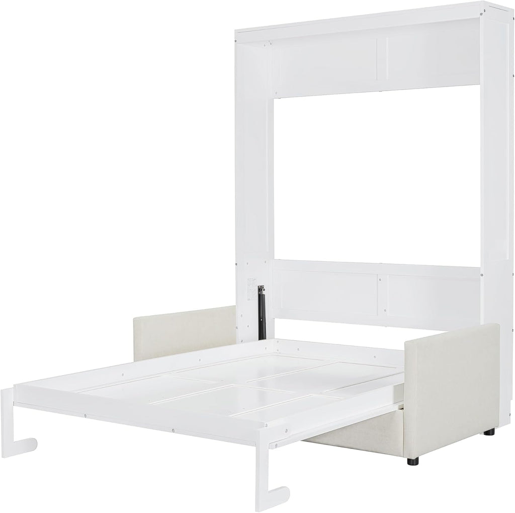 MERITLINE Full Murphy Bed with Couch,Wood Murphy Bed Cabinet with Sofa,Fold up Bed White Murphy Wall Bed Full Size