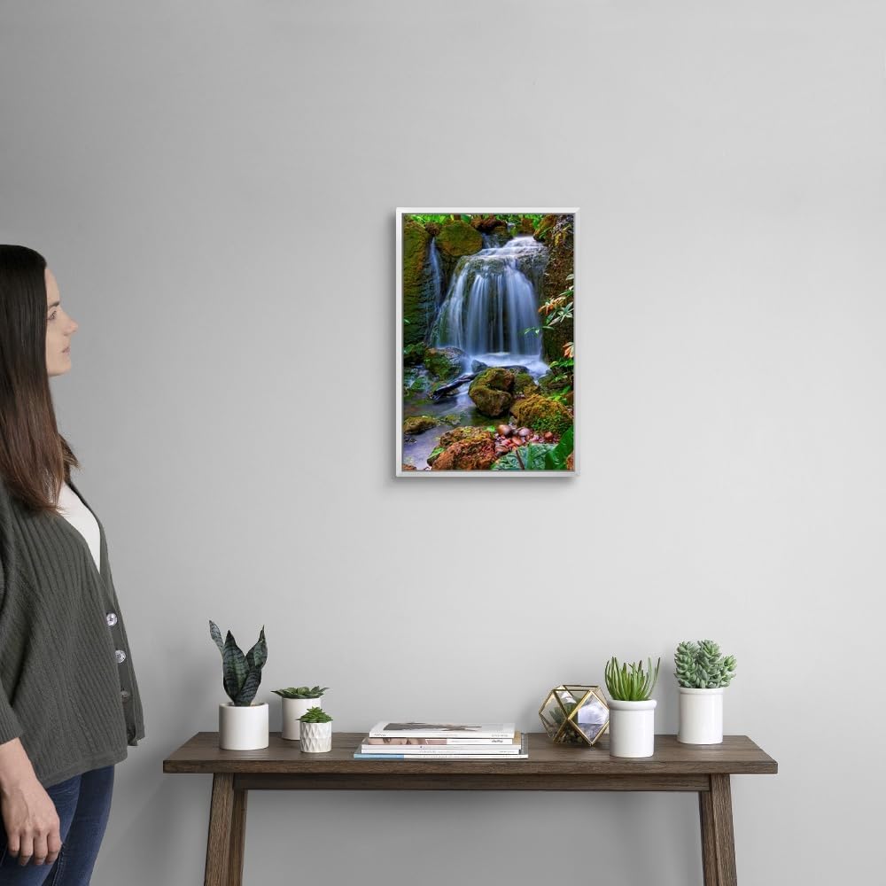 CANVAS ON DEMAND Waterfall in Tropical Rainforest of Fairchild Tropical Gardens, White Float Framed Canvas Wall Art Print, Home Decor, Floral, Flowers, Nature Artwork, 12" x18in
