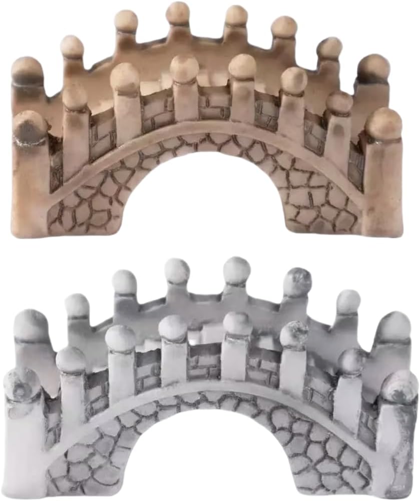 2 Pack Gray and Brown Miniature Stone Arch Bridges, Fairy Garden Ornaments for Dollhouse, Aquarium and DIY Micro Landscape Decor, Garden Bridges