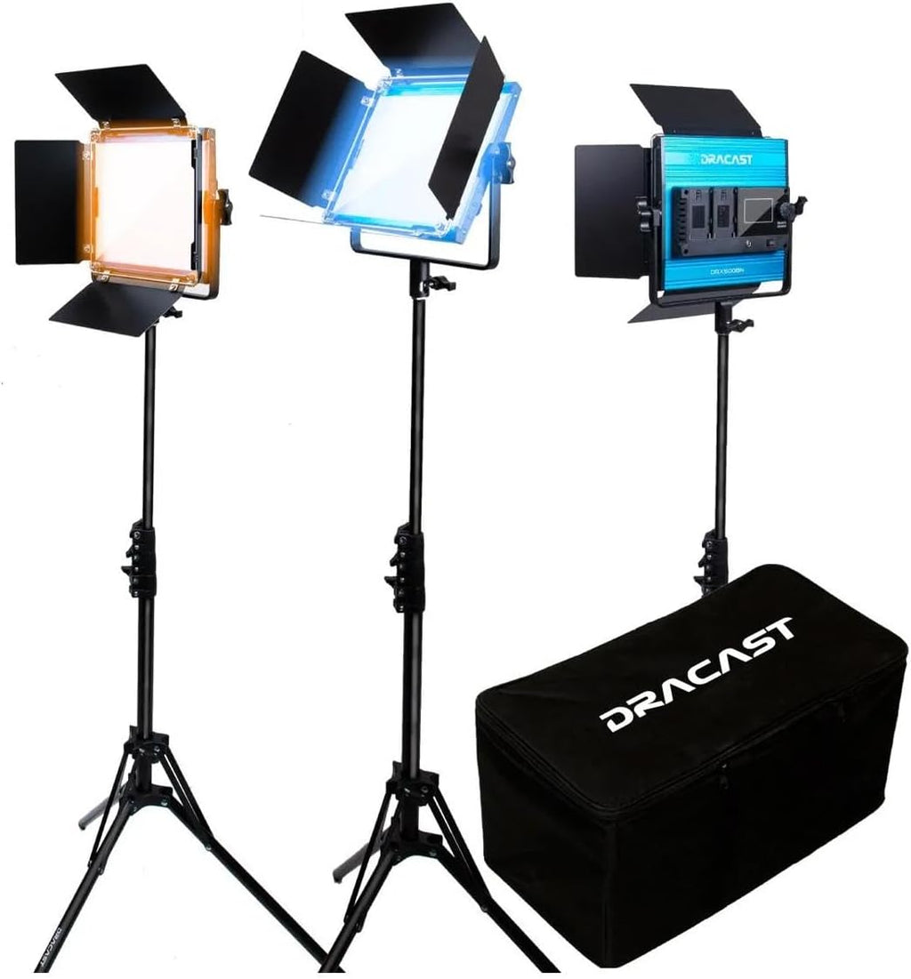 Dracast X Series Bicolor LED500 Kit - 3 Pack Includes Panel Lights, Stands, Barndoors, Travel Case | Bluetooth App Control | 3200K - 5600K LED Video Light Kit | Dimmable Lighting 0-100% | CRI TLCI 96+