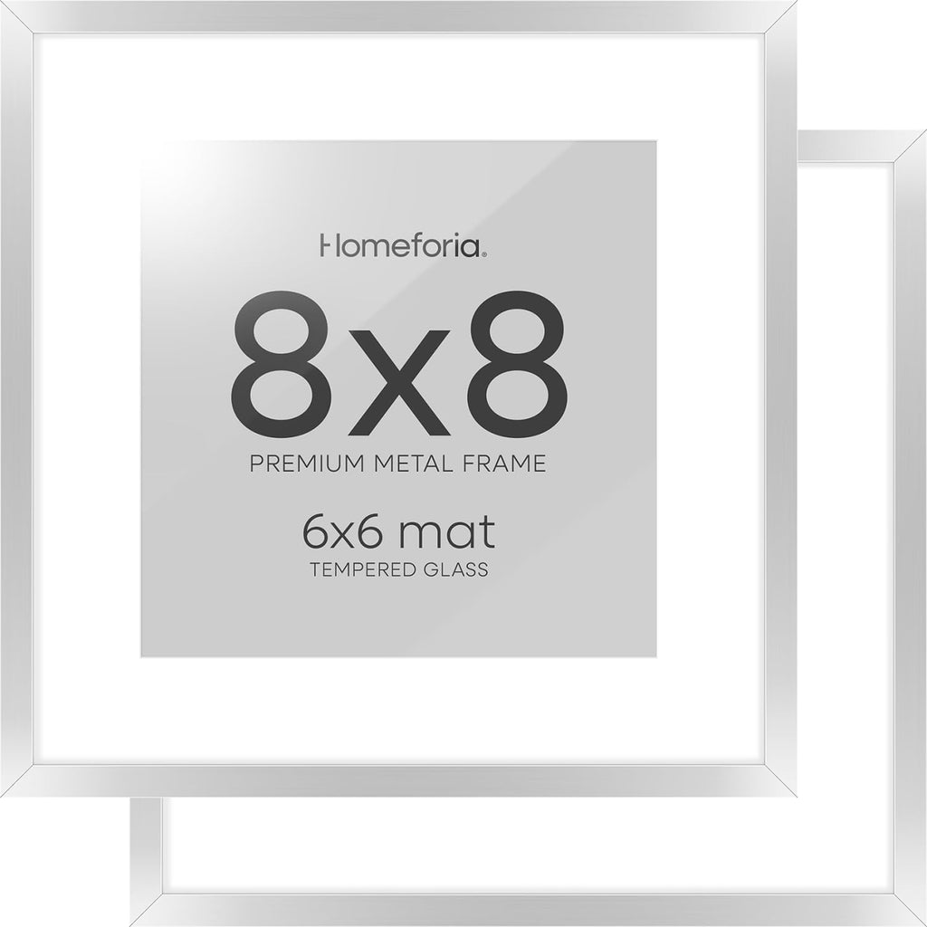 Homeforia 8x8 Silver Picture Frame, High End Metal 8 x 8 Square Frames with Mat 6 by 6 Photo, 8x8 Brass Frame Matted to 6x6 inch Print, 8by8 Wall or Tabletop Frames, Tempered Glass, Wall Kit, Set of 2
