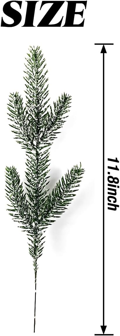 TIHOOD 25PCS 11.8” Artificial Flocking Pine Picks Snow Forest Artificial Pine Needles Branches Christmas Fake Greenery Tree Branches DIY Leaves for Christmas Wreaths Garden Party Holiday Decor