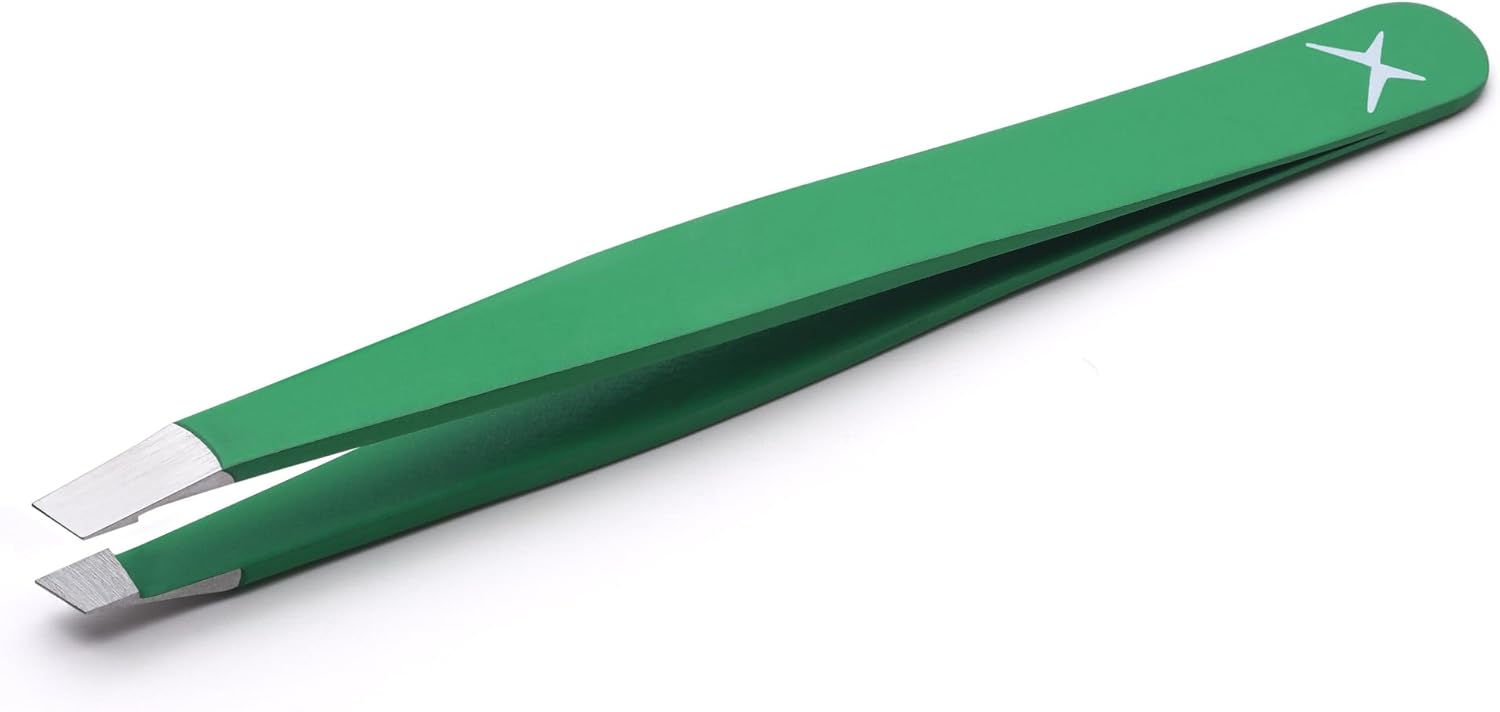 Slanted Stainless Steel Tweezers for Men & Women - Precision Eyebrow Tweezers for Facial Hairs, Strong Grip, Fine Tip, Professional Tweezer for Plucking & Grooming (Matte Forest Green)