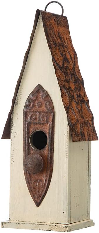 Glitzhome 13.25" H Washed White Distressed Solid Wood Birdhouse Hand Painted Hanging Bird House for Outdoors