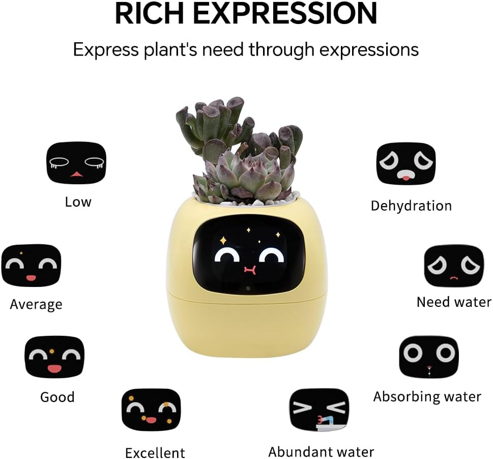 Smart Plant Pot with Expression, AI Intelligent Flower Pot for Indoor Decoration, Smart Garden Pot with Water/Light/Temperature Sensors, Ivy AI Planter ((Yellow)