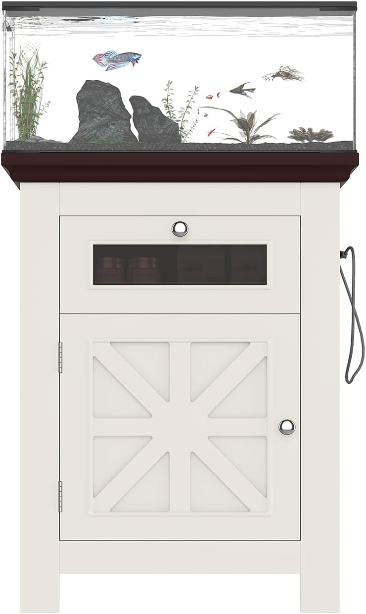 10–15 Gallon Fish Tank Stand with Cabinet Storage and Power Outlets (2 AC 2 USB), Compact Aquarium Stand with Drawer & Storage Cabinet, MDF Frame, 198LBS Capacity, Beige Brown