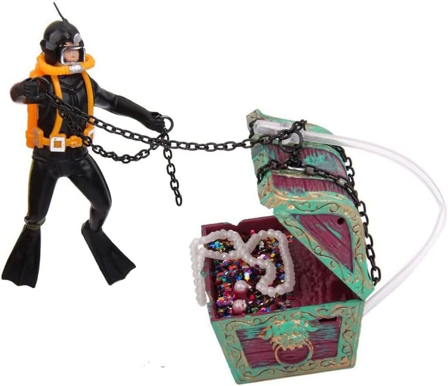 Live-Action Aquarium Ornament Undersea Treasure Chest Diver, Air Bubbler Aerating Fish Tank Decorations Black Color