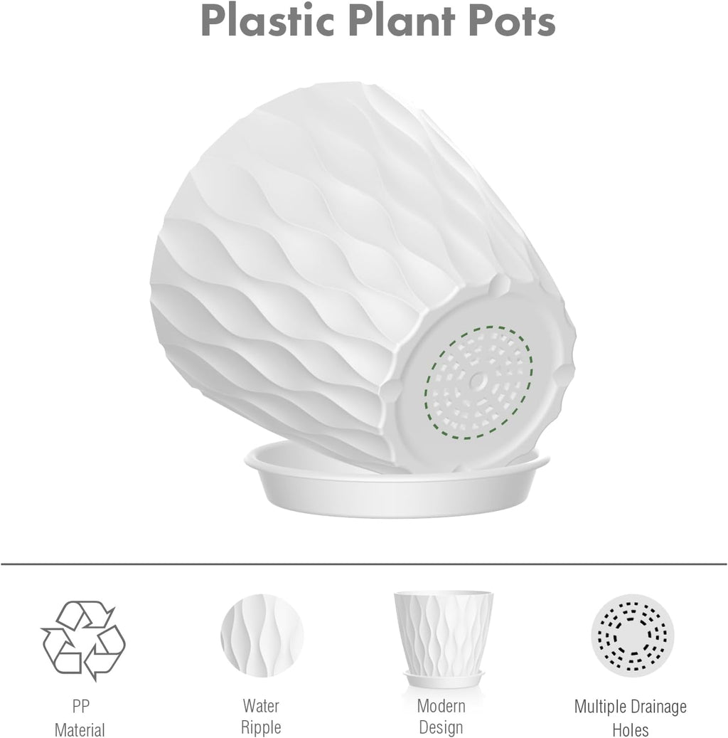 4 inch Small Plastic Nursery Pots, 5 Pack Water Ripples Plant Pots for Indoor Plants, Flower Pots with Drainage Holes and Saucers, Seedling Starter Planters for Succulent Plants, White