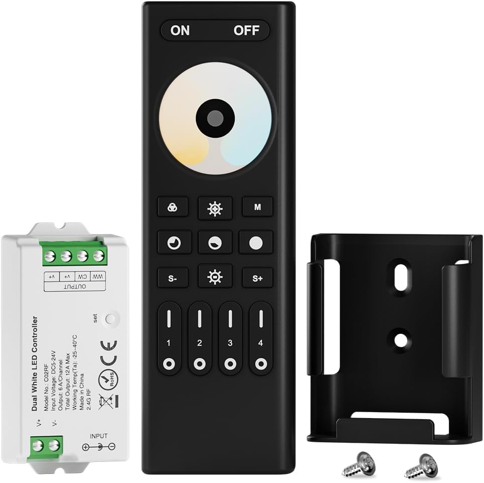 BTF-LIGHTING RF 2.4GHz Wireless Remote RC02RFB & C02RF Tuya Controller Kit 4 Zones Group Control 5050SMD FCOB COB SMD PWM CCT(+ CW WW) 3pin Dual White LED Strip DC5V DC12V DC24V