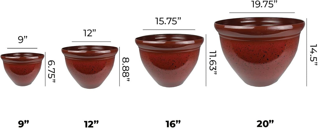 The HC Companies 12 Inch Pizzazz Round Planter Pots with Ceramic Look, Lightweight UV-Resistant Plastic Outdoor Planters, 2-Pack Flower Pots for Garden & Home Decor, Warm Red