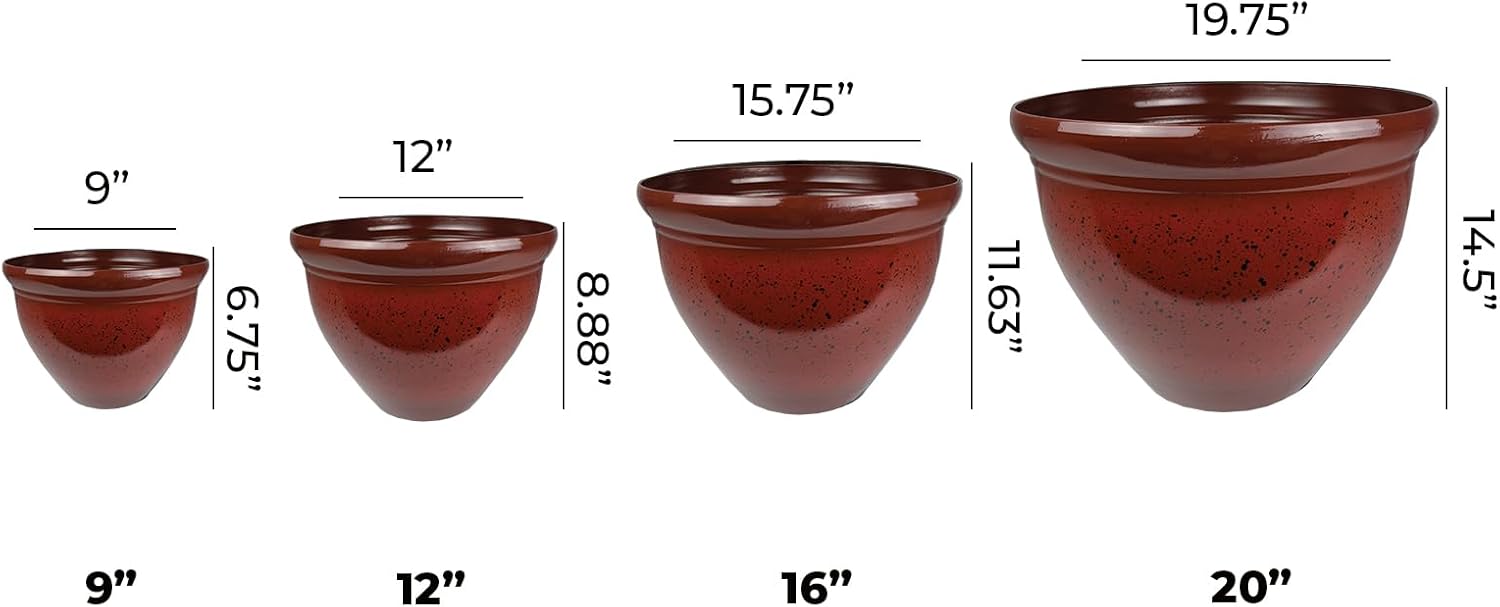 The HC Companies 12 Inch Pizzazz Round Planter Pots with Ceramic Look, Lightweight UV-Resistant Plastic Outdoor Planters, 2-Pack Flower Pots for Garden & Home Decor, Warm Red
