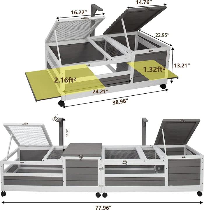 PetsCosset Tortoise Habitat Wooden Tortoise House, Indoor Turtle Enclosure Outdoor Reptile Cage with Removable Bottom, Light Support, Openable Roof