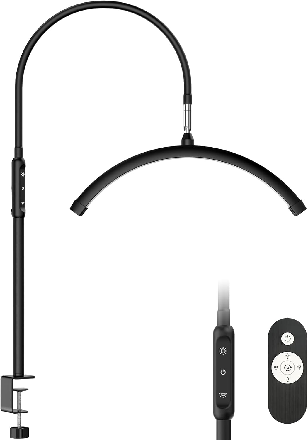 Half Moon Light with Clamp, LED Manicure Table Lamp, Desk Lamp for Nail Desk, Eyelash Extensions, Skincare and Tattoo, 5 Brightness Levels and 5 Color Modes, Remote Control (Black)