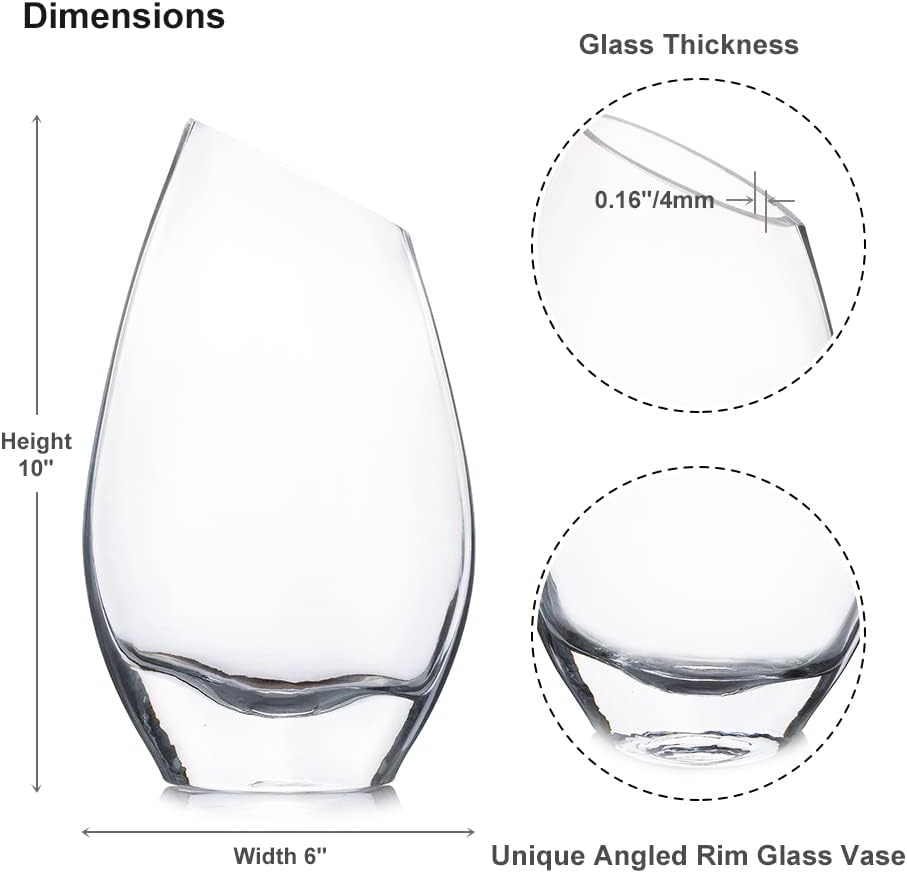 Enova Floral Unique Angled Rim Clear Glass Vase 6.0" W 10.0" H, Decorative Flower Vase for Home Decor Indoor, Wedding Centerpiece Event (1 Piece)