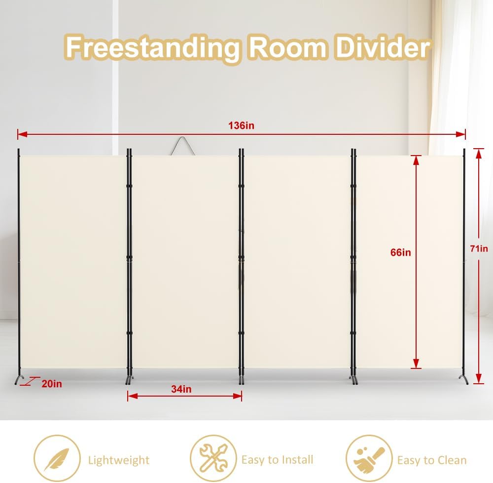 Kokorona 4 Panel Room Divider, 6FT Tall Folding Privacy Screen Wall Dividers, Portable Privacy Screen Freestanding Room Divider for Room Separation, Included - Cover Strips, Beige, 136''W x 71''H