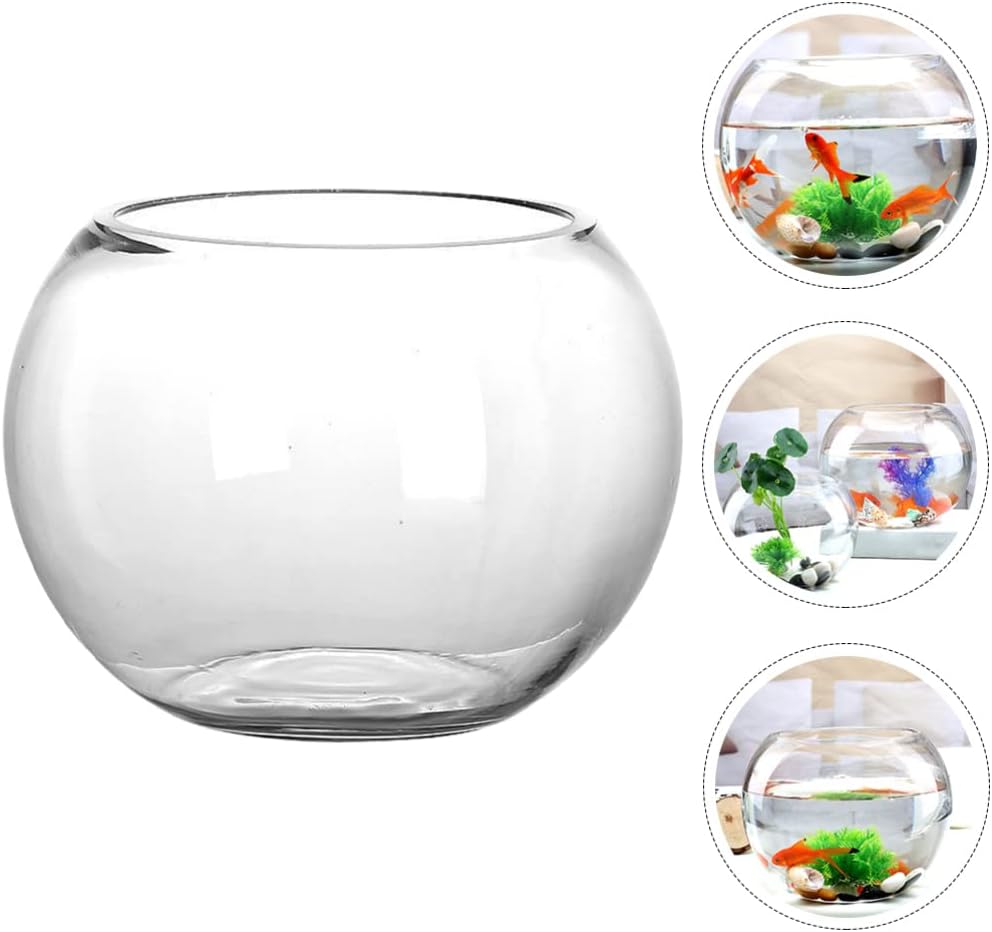 GANAZONO Round Glass Fish Bowl Clear Portable Desktop Tank for Goldfish Hydroponics Home Office Garden Decor Small Aquarium with High Transparency