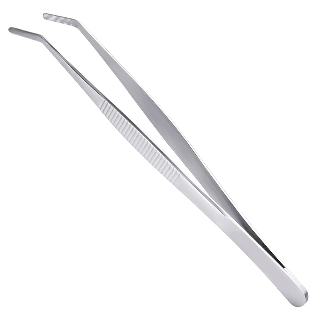 250mm Long Forceps Tweezers, Serrated Bent Flat Tips Precision Curved Science Surgical Tongs Jewelers Needle Metal Sewing Sharp Small Kitchen Cooking Tweezers Teeth Knurled Handles (1PCS)