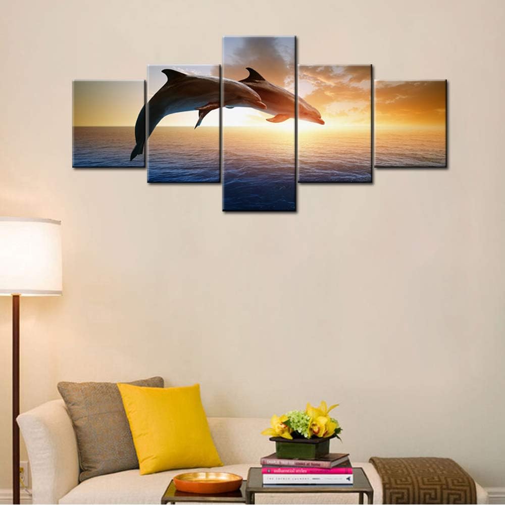 House Decorations Living Room Jumping Couple Dolphins Fish Pictures Sea Sunset Paintings Multi Panel Canvas Wall Art Undersea Animal Artwork Framed Giclee Ready to Hang Poster and Prints(50''Wx24''H)
