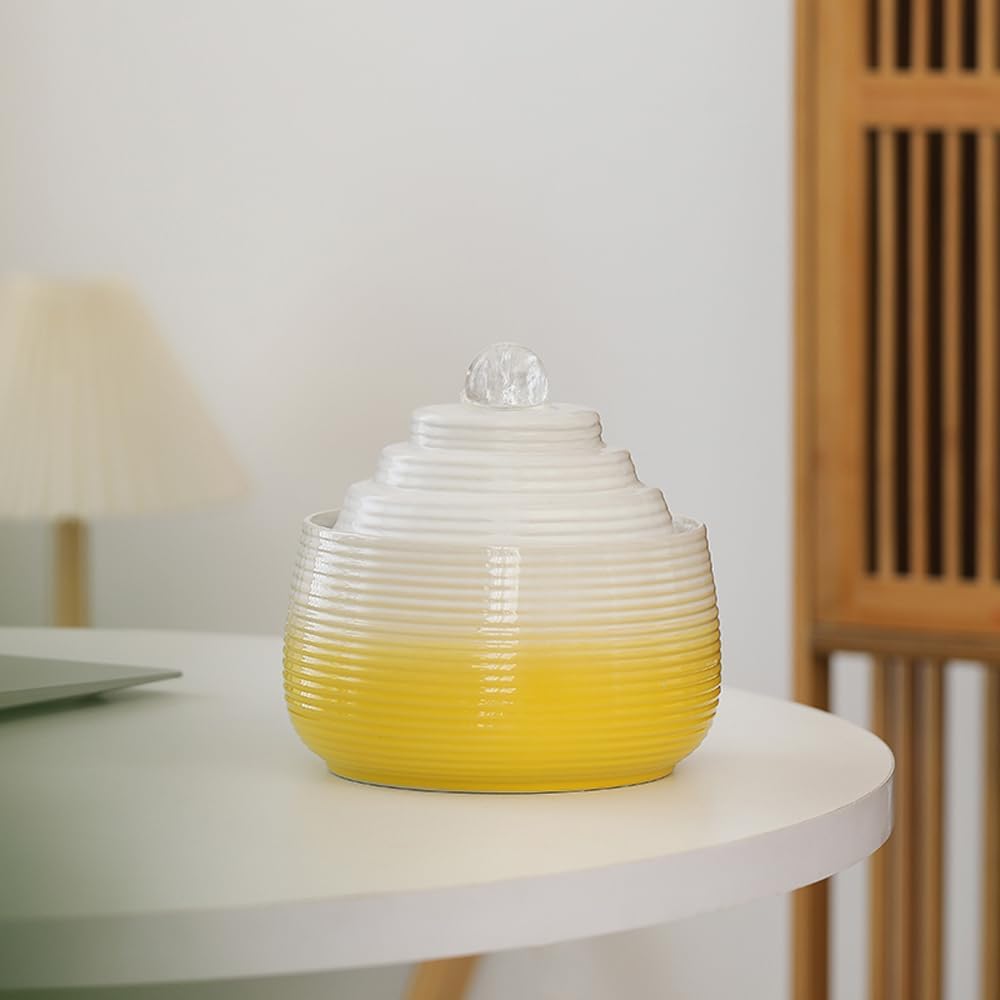 Indoor and Outdoor Fountain Water Feature Fall Ceramic Home Office Decoration mini Tabletop Desktop (Yellow with Ball S092)