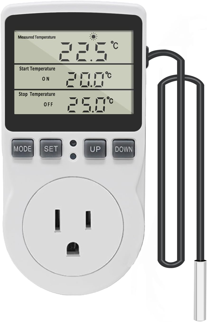 KETOTEK Digital Thermostat Outlet Plug Temperature Controller Outlet Socket 120V Heating Cooling Control 110V 15A Celsius Fahrenheit Display White