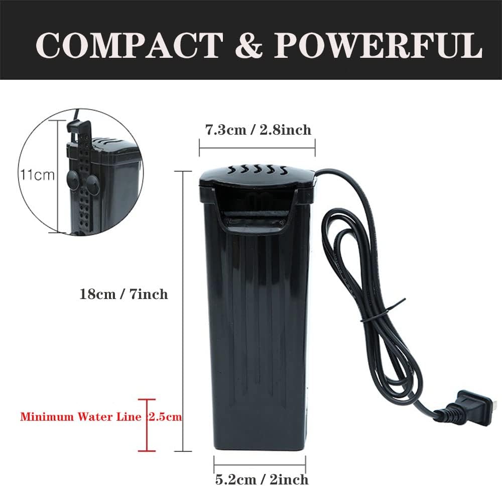 Aquarium Filter Fish Tank Filter for Turtle Tanks, Reptiles, Amphibians, Frog, Cichlids, Newt or Fish Tank Waterfall Flow Water Clean Pump (Black Filter)
