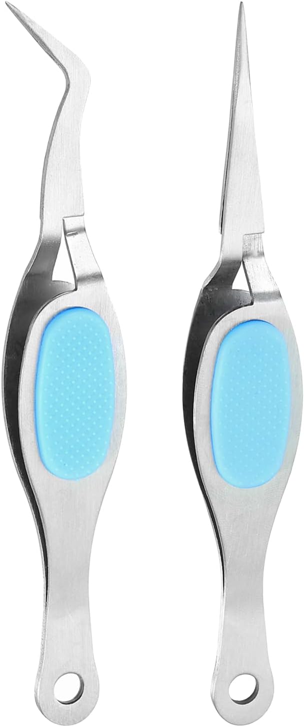 HARFINGTON 2pcs Craft Tweezers Precision Crossing Lock Curved Straight Stainless Steel Soft Reverse Grip Fine Tip Tweezers for DIY Craft Jewelry Beading Electronics, Silver Blue