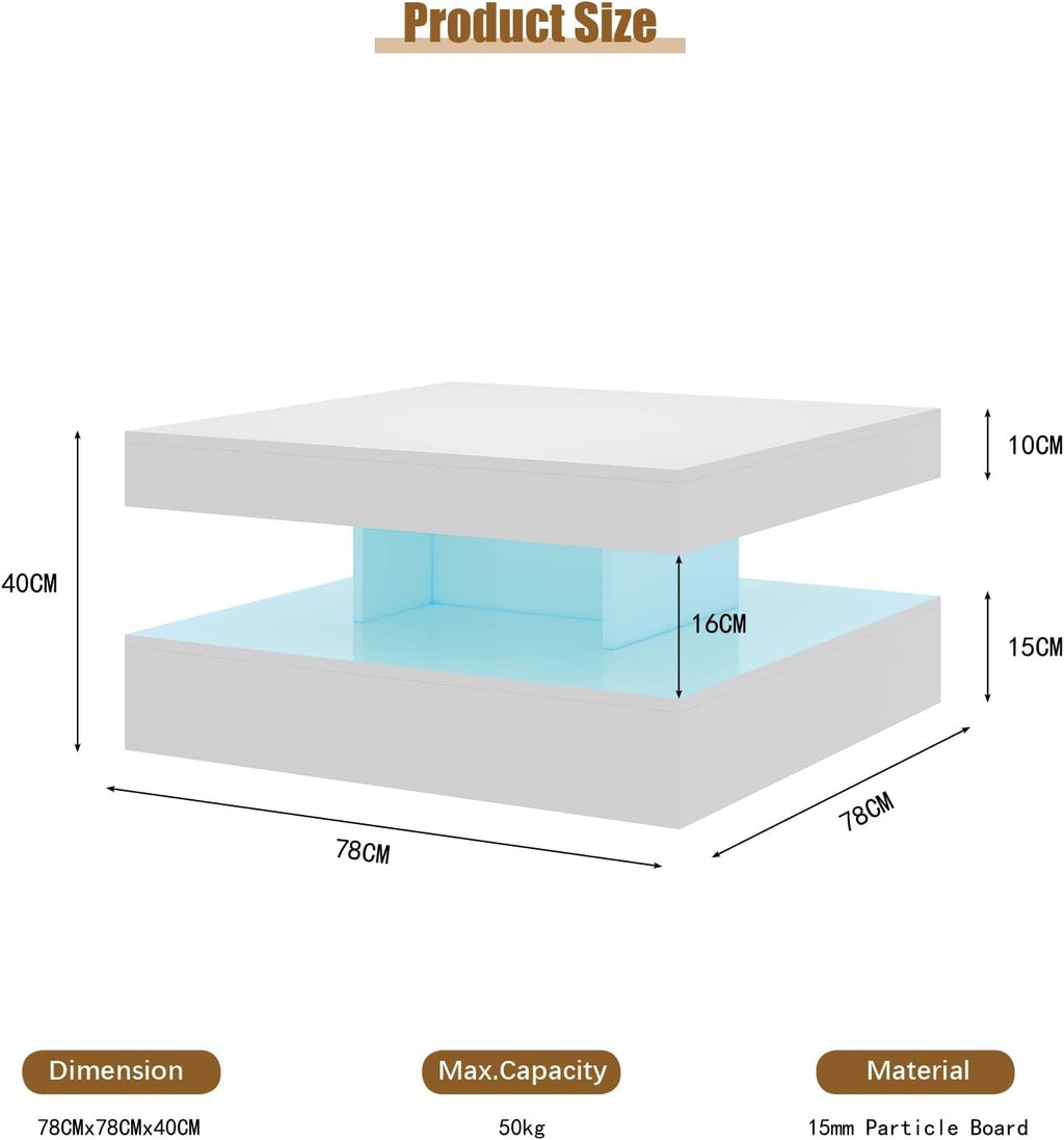 White LED Coffee Table for Living Room, 2-Tier Square Center Table Living Room Table, Modern High Glossy Contemporary Wood Coffee Tables with Storage, Suitable for Dining Reception