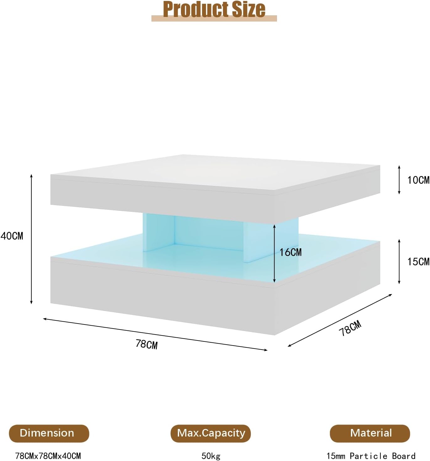White LED Coffee Table for Living Room, 2-Tier Square Center Table Living Room Table, Modern High Glossy Contemporary Wood Coffee Tables with Storage, Suitable for Dining Reception