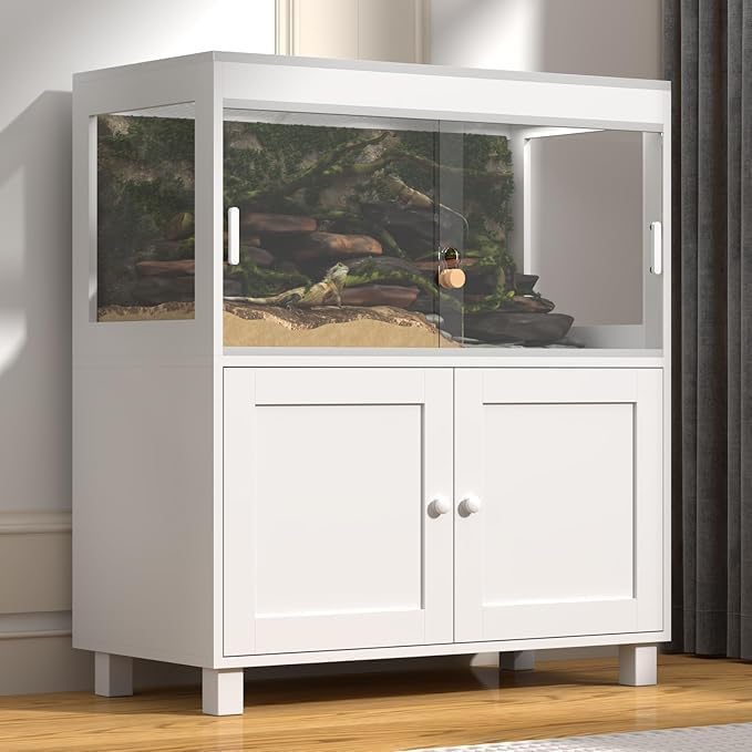Reptile Terrarium Tank with Storage Cabinet – 60 Gallon Enclosure with Sliding Doors, Mesh Lid, Lock, and Wheels – Snake & Lizard Habitat Stand for Indoor Use