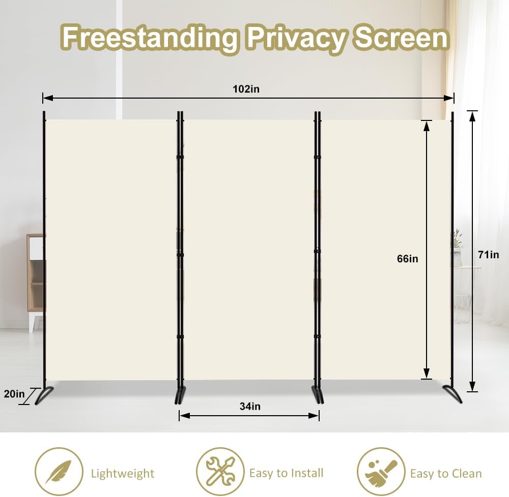 Kokorona 3 Panel Room Divider, 6FT Tall Folding Privacy Screen Wall Dividers, Portable Privacy Screen Freestanding Room Divider for Room Separation, Included - Cover Strips, Beige, 102''W x 71''H