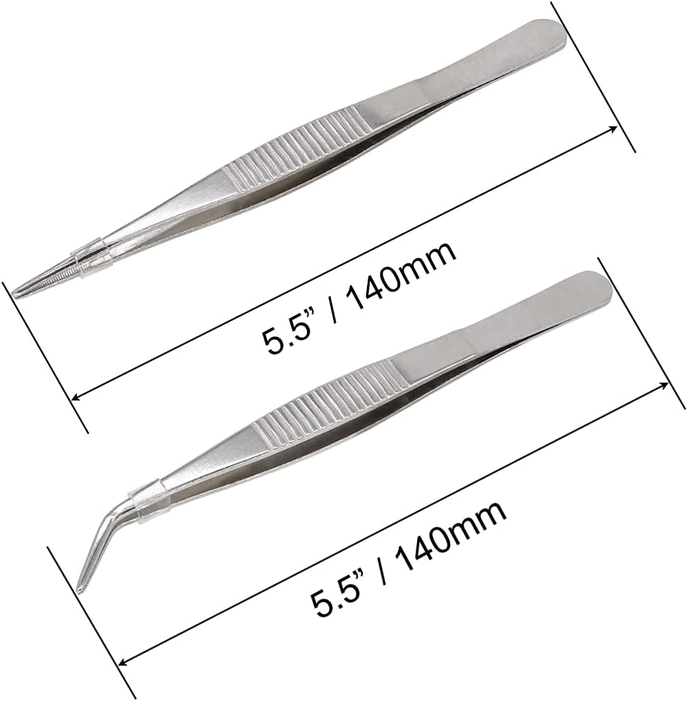 5-1/2 Inch Stainless Steel Tweezers with Straight and Curved Serrated Tip Multipurpose Forceps for Craft Repairing 2 Pack