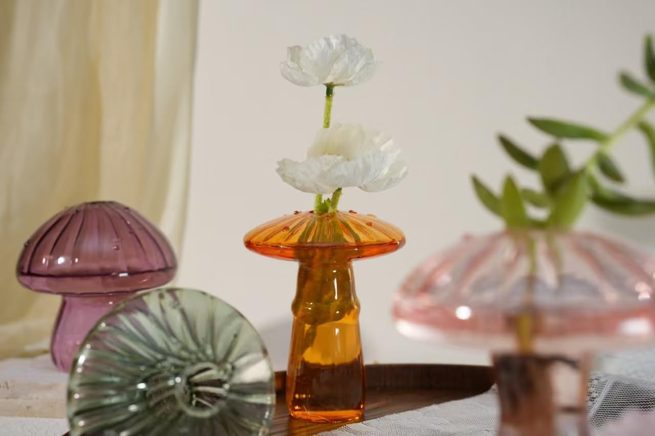 6 Pcs Colored Mushroom Glass Propagation Vases for Plants, Hydroponic Bud Vase Plant Propagation Stations Decor, Glass Terrariums for Indoor Plants, Cute Mushroom Vase Gifts for Women Office Decor