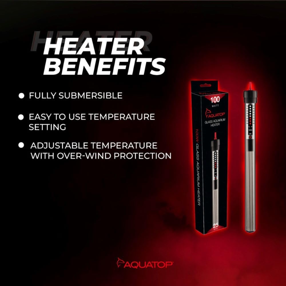Aquatop 100W Aquarium Submersible Glass Heater - Fully Submersible for Fish Tanks Up to 25 Gallons - Adjustable Temperature 68-93°F - Ideal for Fresh & Saltwater Use