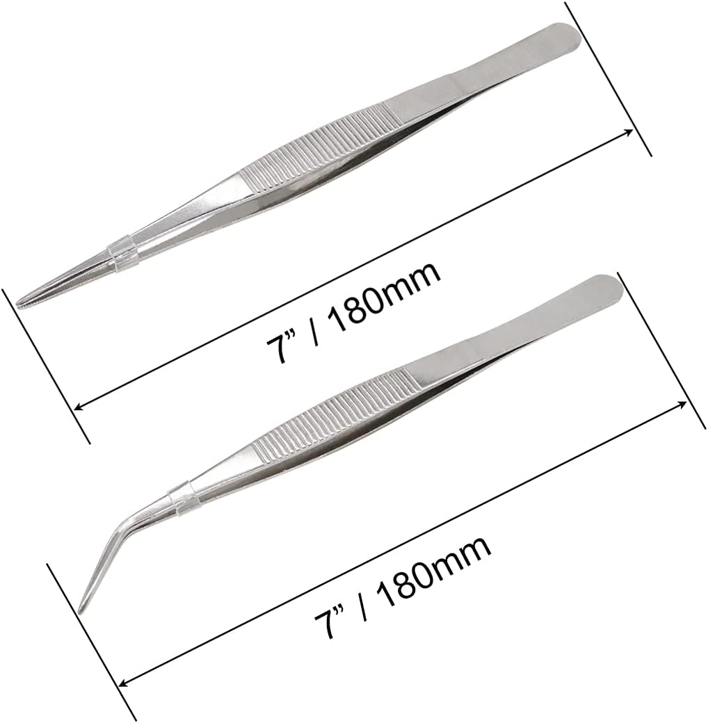7 Inch Stainless Steel Tweezers with Straight and Curved Serrated Tip Multipurpose Forceps for Craft Repairing 2 Pack