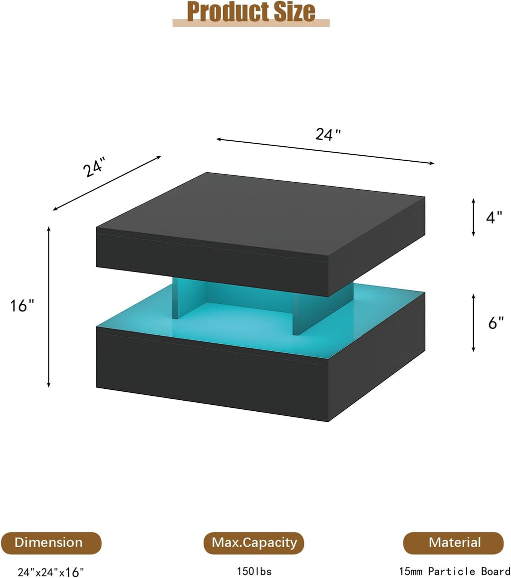 Small Black Led Coffee Table for Living Room, 23.6" Wood Square 2-Tier Storage Modern Center Table, Modern High Glossy Wooden Coffee Tables for Small Space