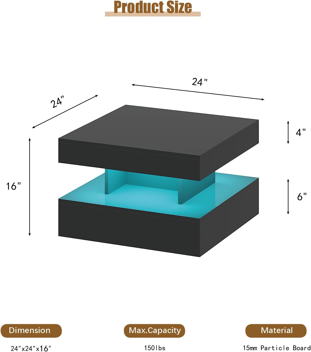 Small Black Led Coffee Table for Living Room, 23.6" Wood Square 2-Tier Storage Modern Center Table, Modern High Glossy Wooden Coffee Tables for Small Space
