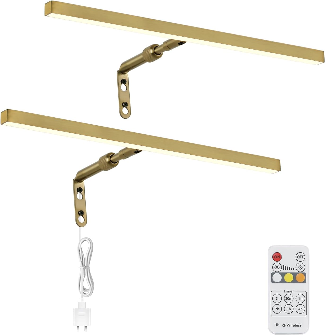 2 Pack Brass Picture Lights for Paintings Plug in, 16" 4W Adjustable LED Gold Picture Light Art Light, Remote Control Gallery Painting Wall Light for Picture Display Dartboard Art Work (Gold)