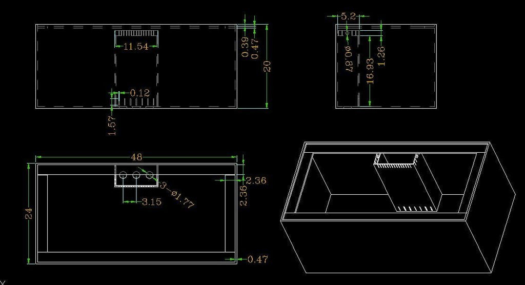 100 Gallon-B Starfire Aquariums with Center Overflow 60x18x20 H 12mm Starfire/Low Iron Glass