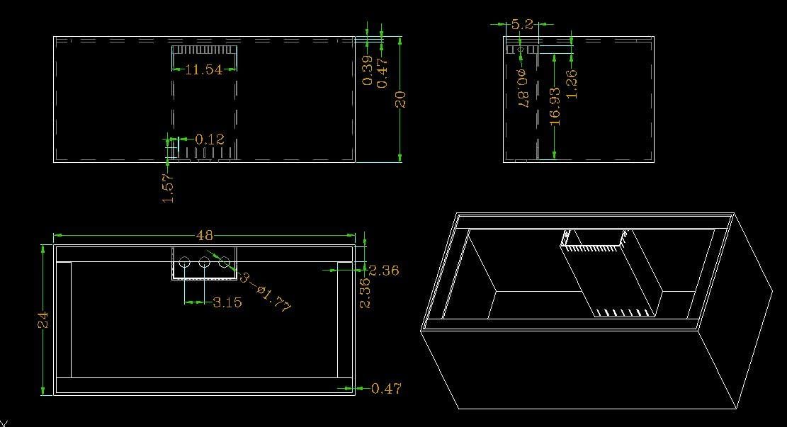 100 Gallon-B Starfire Aquariums with Center Overflow 60x18x20 H 12mm Starfire/Low Iron Glass