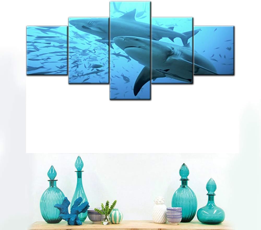Fishing Paintings for Living Room Diving with Sharks Pictures Underewater World Wall Art Big Fish Artwork Multi Panels Prints on Canvas House Decorations Giclee Framed Ready to Hang Gift(50''Wx24''H)
