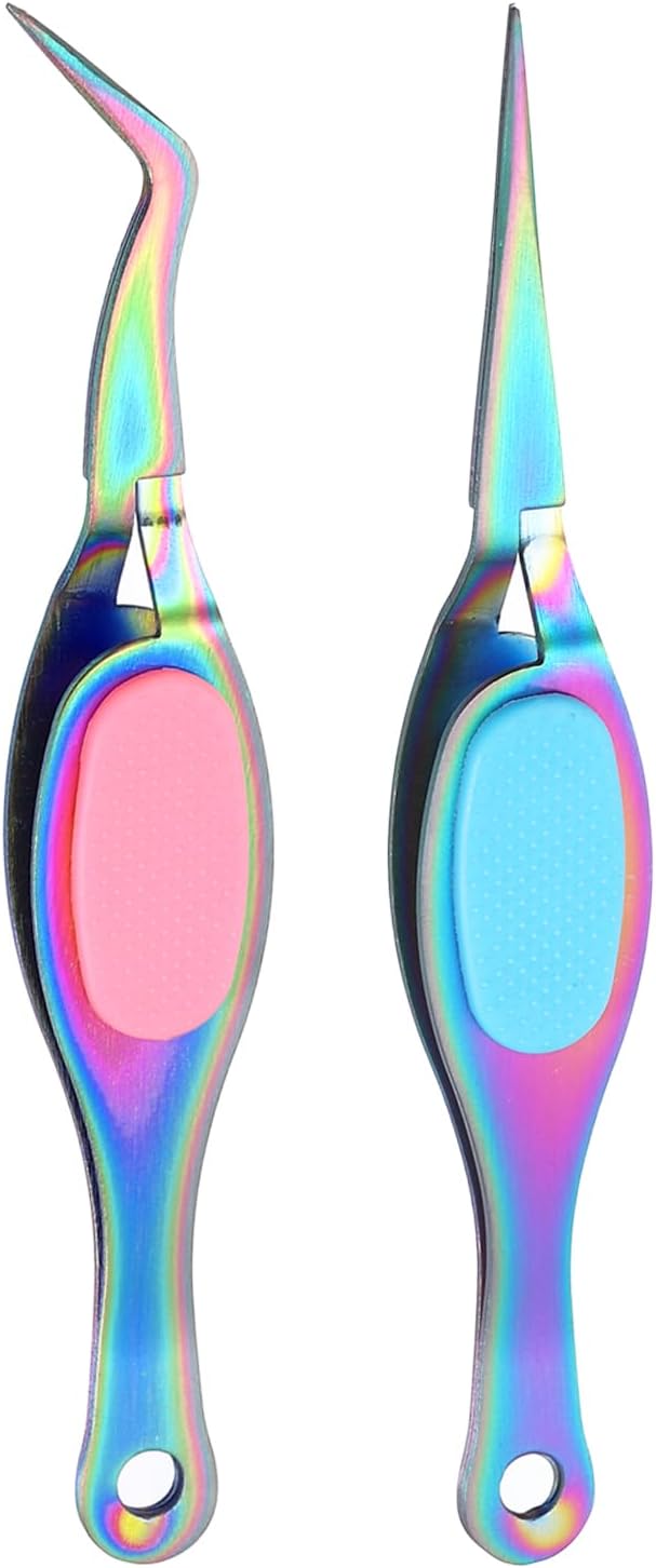HARFINGTON 2pcs Craft Tweezers Precision Crossing Lock Curved Straight Stainless Steel Soft Reverse Grip Fine Tip Tweezers for DIY Craft Jewelry Beading Electronics, Rainbow Pink Blue