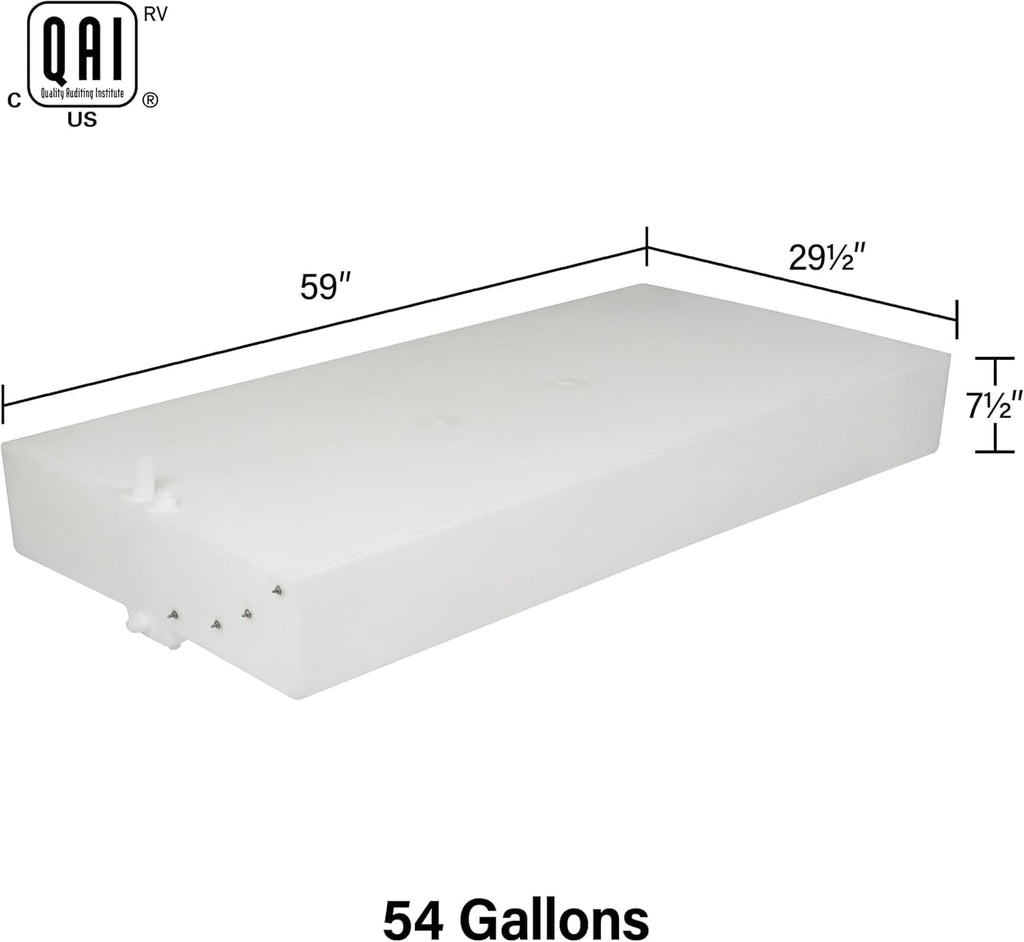 54 Gallon RV Fresh Water Tank, Potable Water Storage Tank for Drinking, Cooking, Cleaning, Showering, for Campers, Trailers, Motorhomes, RVs, Low-Profile Shape, 59" x 28.5" x 7.5" (WT-1438)
