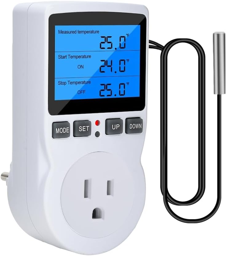 Diymore Digital Temperature Controller Outlet, 120V 15A Thermostat Socket with Heating Cooling Control, Celsius Fahrenheit Display, White