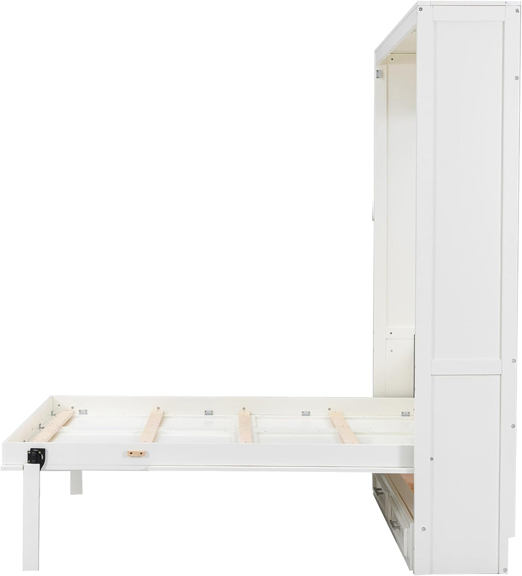 Merax Modern Full Size Murphy Bed with 2 Drawers, Space Saving Wall Bed Foldable into Wardrobe, Solid Pine Wood Frame, No Box Spring Needed, Beige