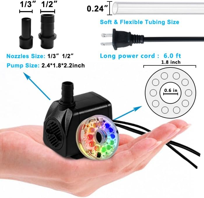 PULACO 160GPH Small Fountain Pump, 10Watt Submersible Pump with Automatic Color Changing LED Light and 3.3 ft Tubing for Water Feature, Outdoor Pond, Aquarium fish tanks