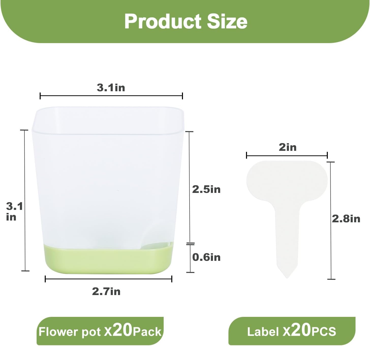 20 Pack 3 Inch Plastic Succulent Pots with Drainage Holes & Saucers, Square Nursery Planters for Indoor Outdoor Plants, Half Clear Flower Pots