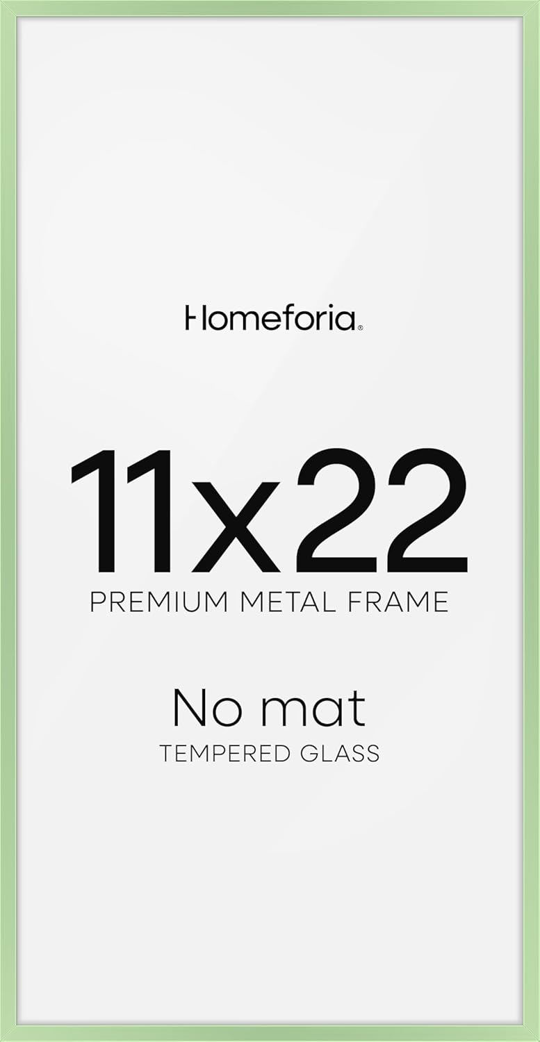 Homeforia 11x22 Newspaper Frame Sage Green, High End Metal 11 x 22 Picture Frame without Mat, 22x11 Thin Sage Green Poster Frames for Wall, 11by22 Photo Art Frame, Tempered Glass, Wall Kit, Set of 1